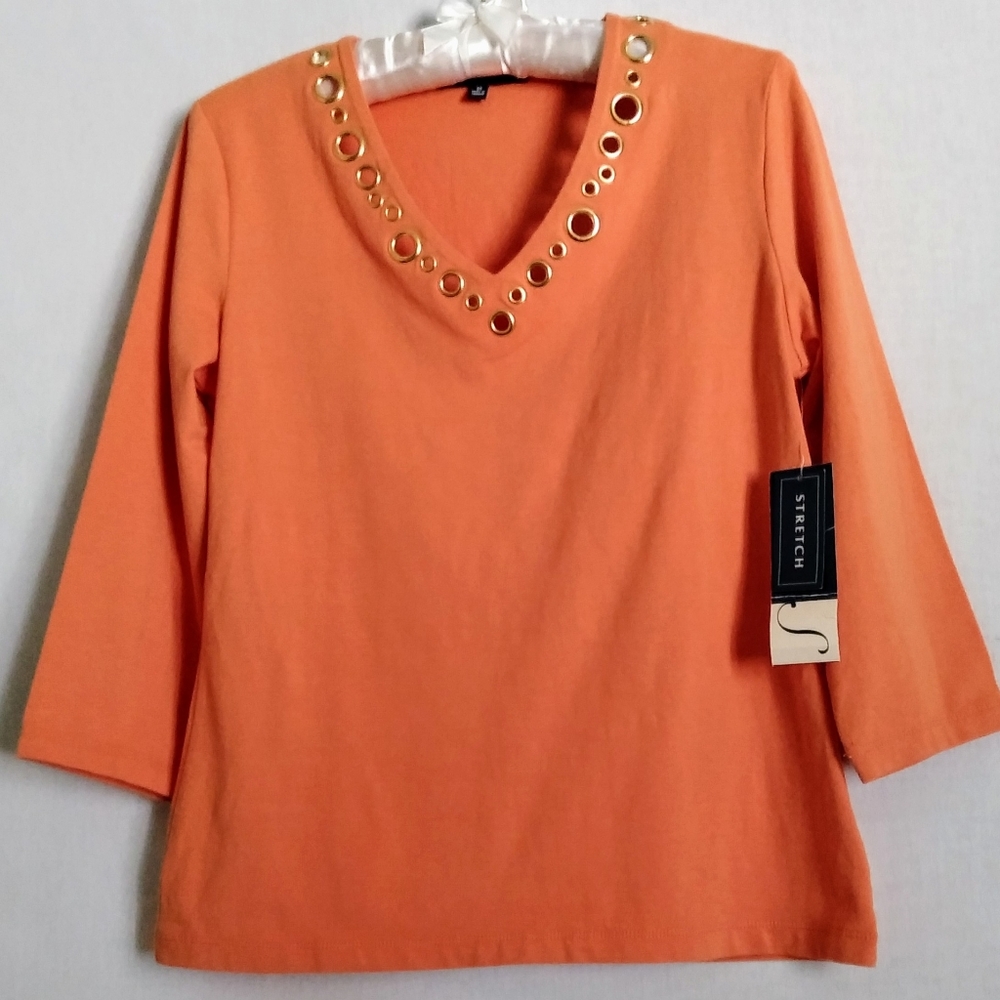 NEW Jones New York Signature V-Neck Cotton Top Pumpkin Orange NWT